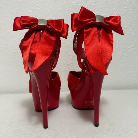 Pleaser delight Red Satin Platform Ankle-Tie High Heel Sandal - Picture 4 of 12